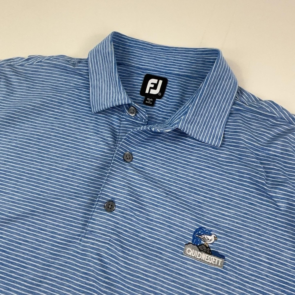FootJoy Golf Polo Shirt Mens 2XL Blue Striped Quidnessett Logo Short Sleeve